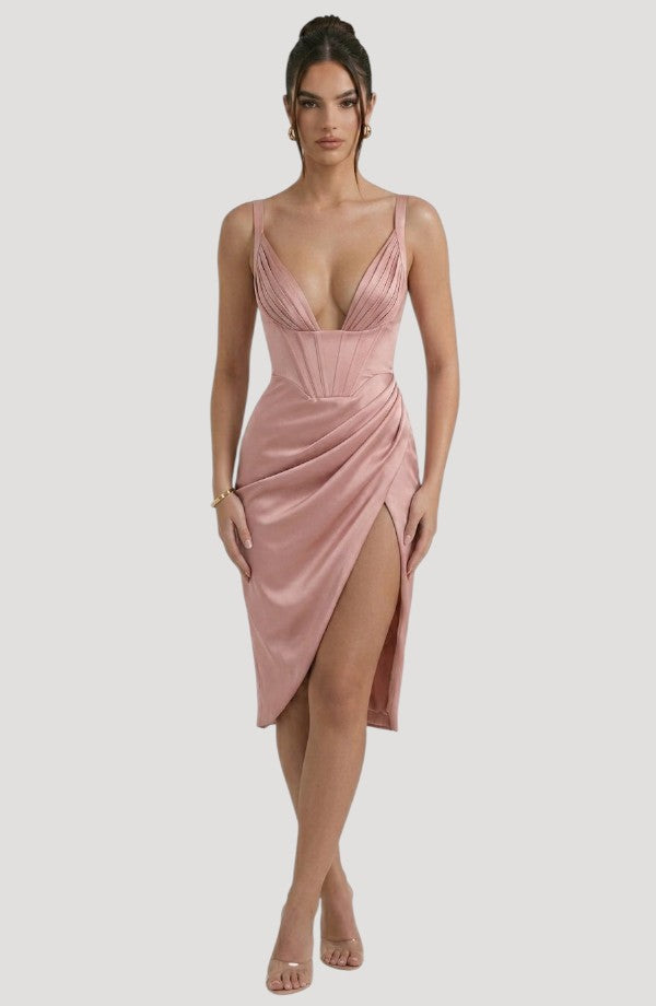LORVENE Pearl Tulle Maxi dress with intricate pearl embellishments and flowing tulle fabric, styled for elegant occasions.