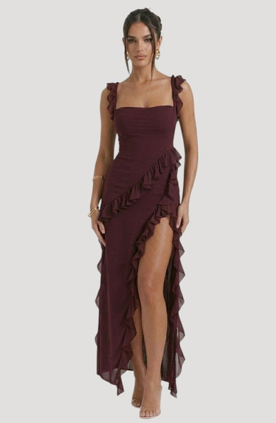 LORVENE Midnight Petal Maxi dress, flowing black and midnight blue floral maxi with long sleeves, elegant and stylish for evening wear