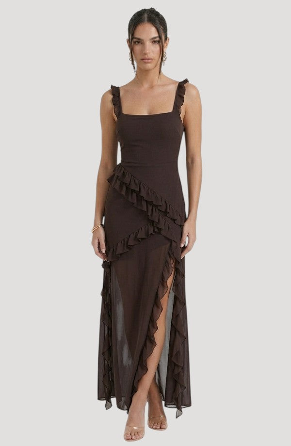LORVENE Midnight Petal Maxi dress with floral pattern, flowing fabric, and elegant design, shown in top-left view.