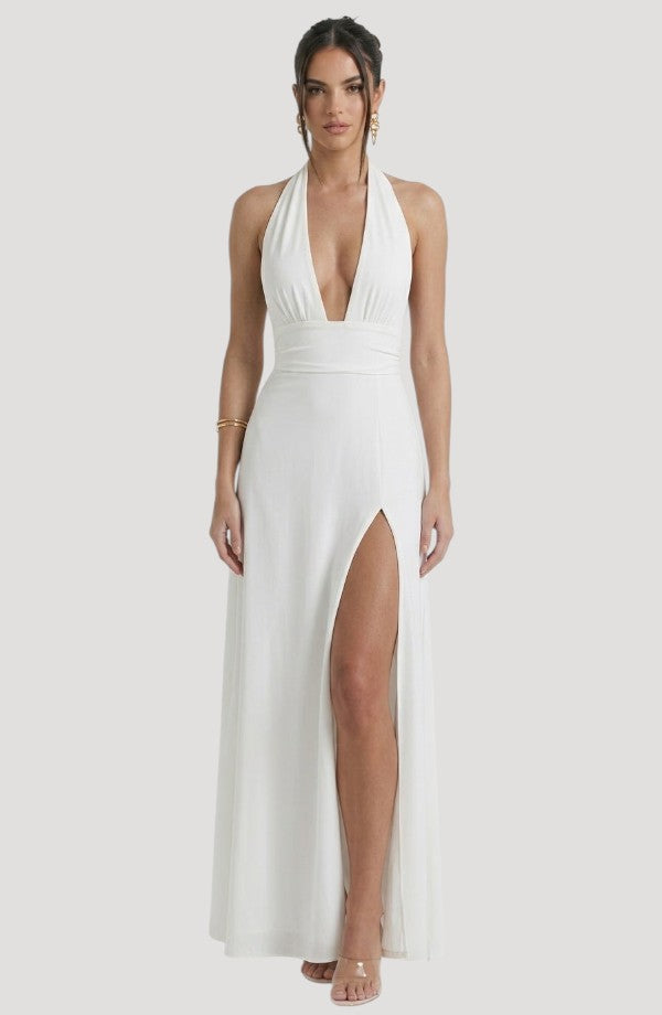 LORVENE Luxe Draped Dress in elegant fabric with a draped neckline, displayed on a mannequin against a neutral background.