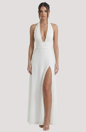 LORVENE Luxe Draped Dress in elegant fabric with a draped neckline, displayed on a mannequin against a neutral background.