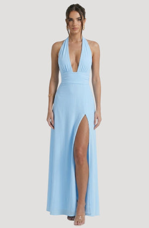 LORVENE Luxe Draped Dress shown from the top left angle, featuring elegant fabric draping and sophisticated style.