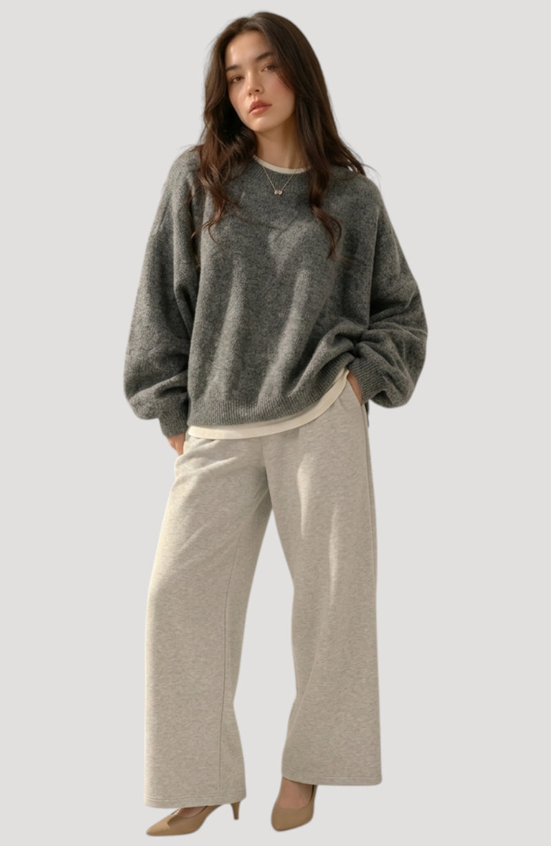 LORVENES Everyday oversized sweater in soft knit fabric, shown in cream color with a relaxed fit and long sleeves.