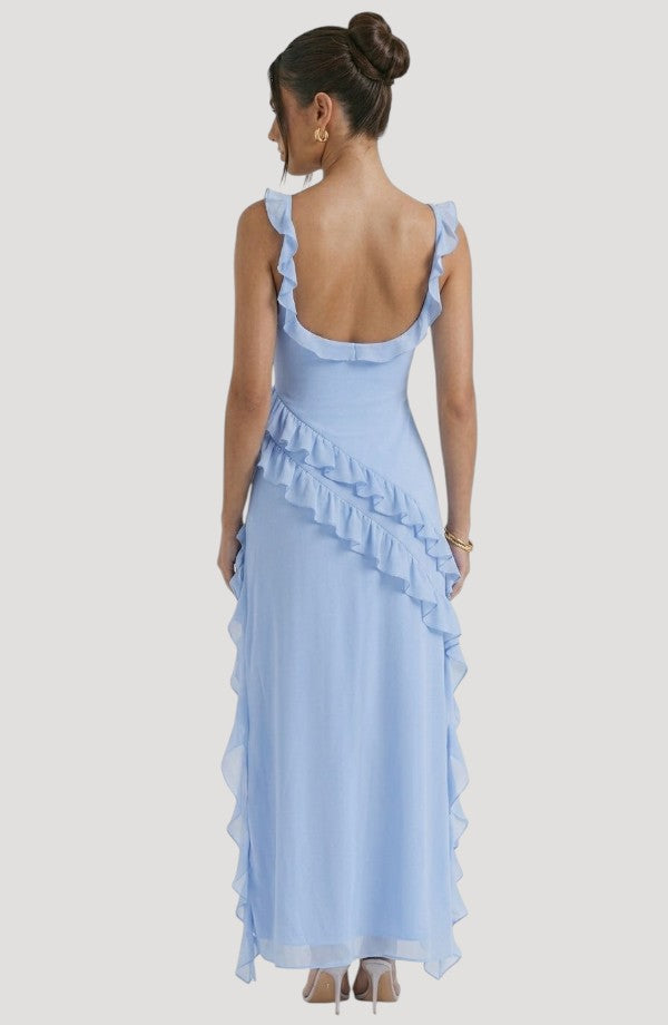 LORVENE Midnight Petal Maxi dress with floral pattern, flowing fabric, and elegant design, shown from the top right angle.