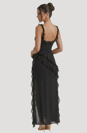 LORVENE Midnight Petal Maxi dress with floral pattern, flowing fabric, and sleeveless design displayed in the image.
