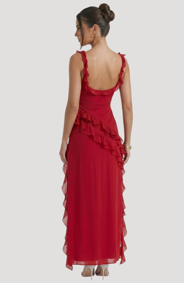 LORVENE Midnight Petal Maxi dress featuring a flowing fabric and elegant design, shown in a top right view.