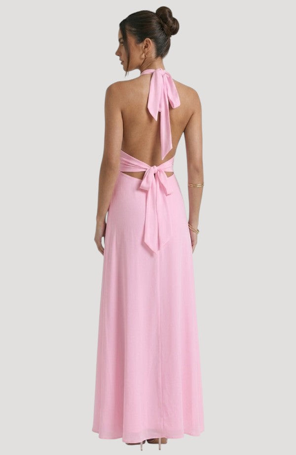 LORVENE Luxe Draped Dress shown from the top right, featuring elegant fabric with a stylish draped design.