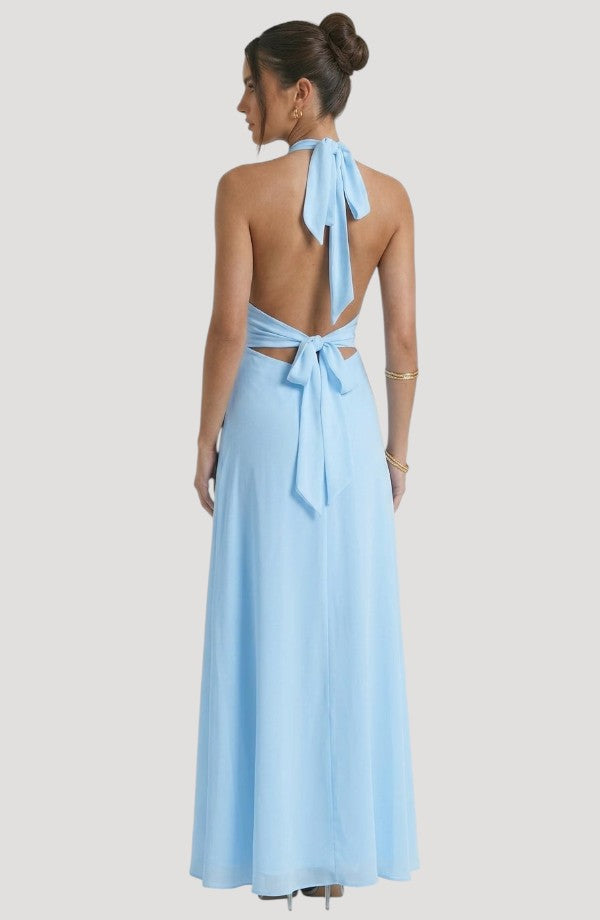 LORVENE Luxe Draped Dress displayed on a model, featuring elegant fabric and a sophisticated draped design.