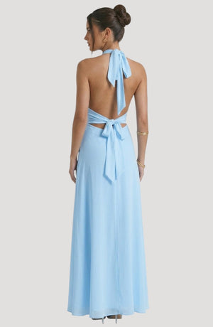 LORVENE Luxe Draped Dress displayed on a model, featuring elegant fabric and a sophisticated draped design.