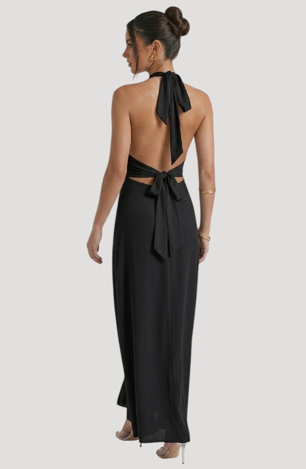 LORVENE Luxe Draped Dress shown from the top right angle, featuring elegant fabric draping and sophisticated design.