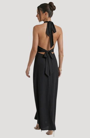 LORVENE Luxe Draped Dress shown from the top right angle, featuring elegant fabric draping and sophisticated design.