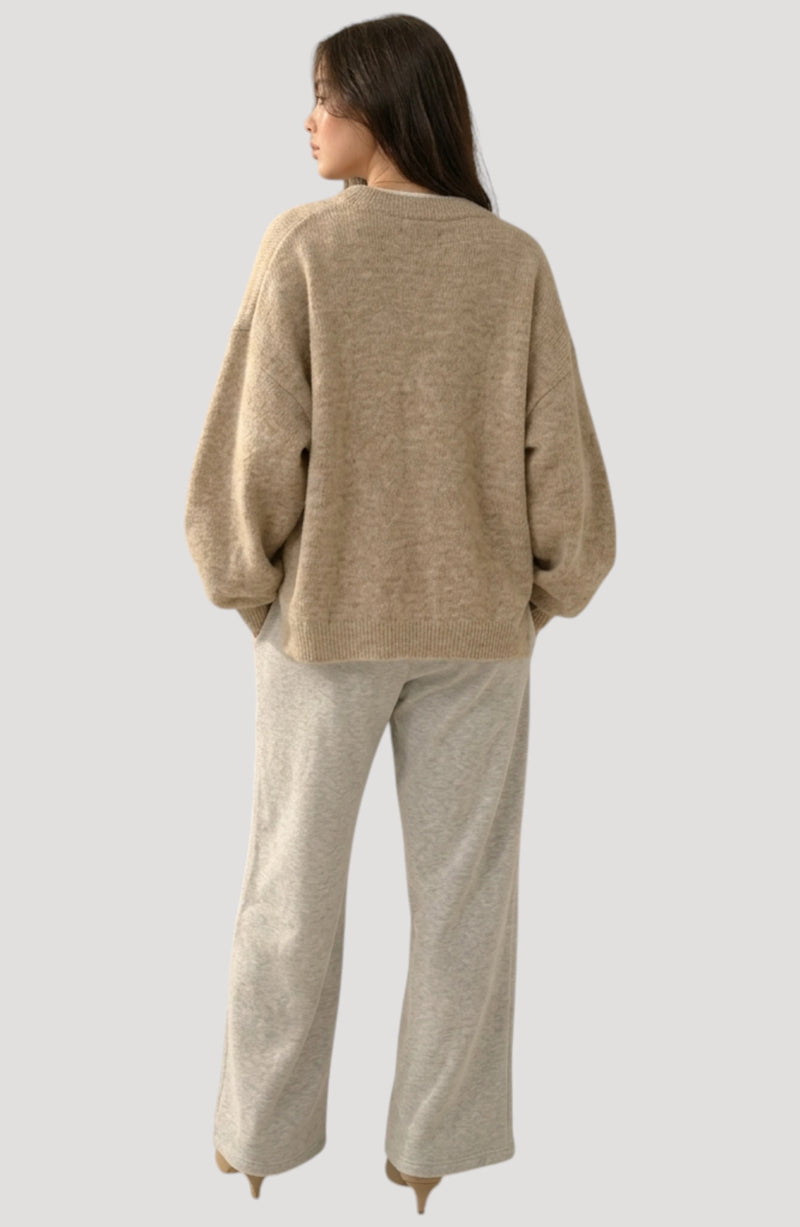 LORVENES Everyday Oversized Sweater in neutral color, featuring a cozy, loose fit with ribbed cuffs and neckline.