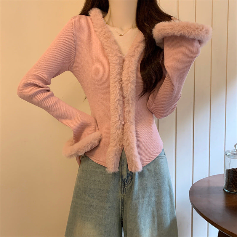 LORVENES women's winter knitted sweater with V-neck, trumpet sleeves, fur plush splicing, slim fit top.