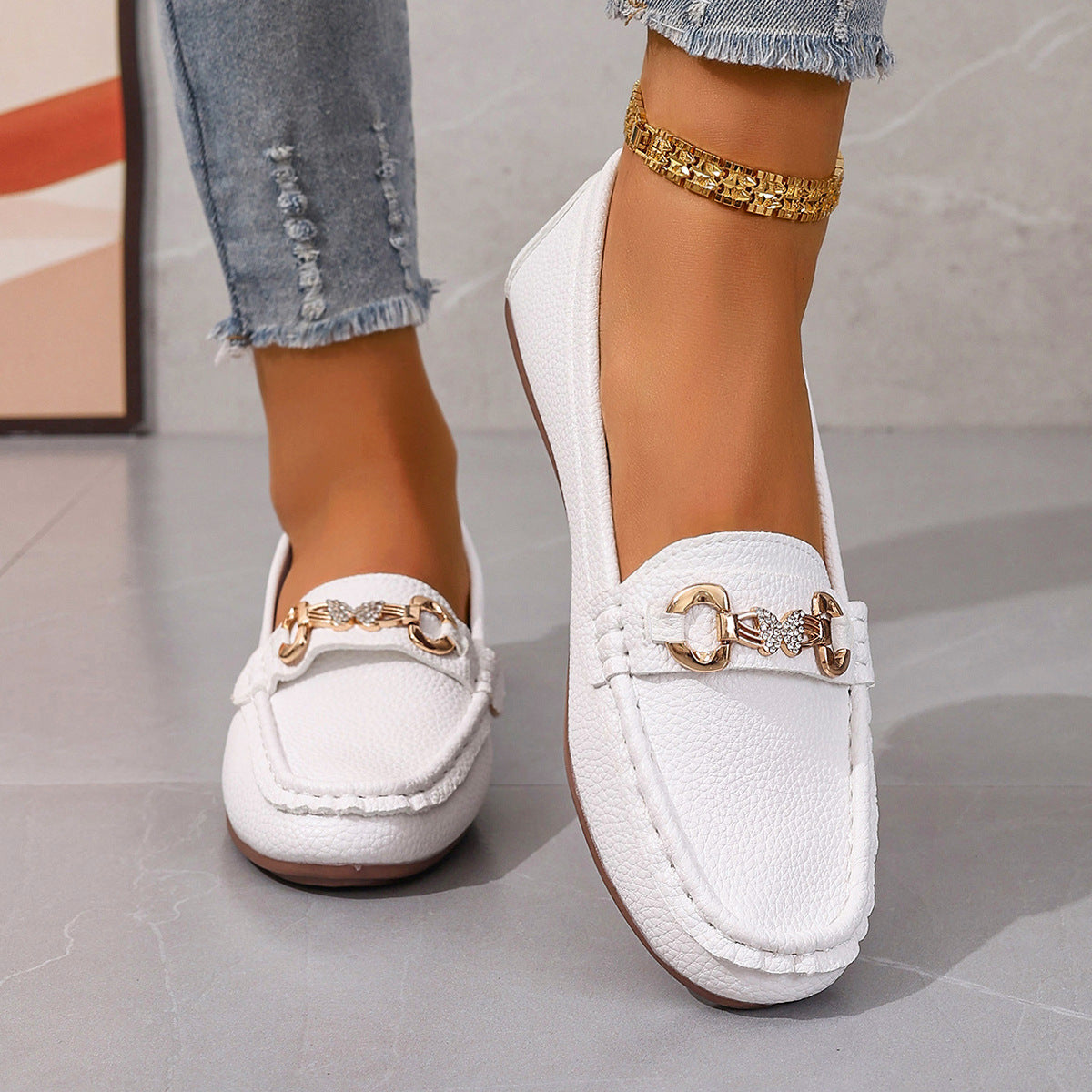 LORVENES Crystal Bit White Loafers