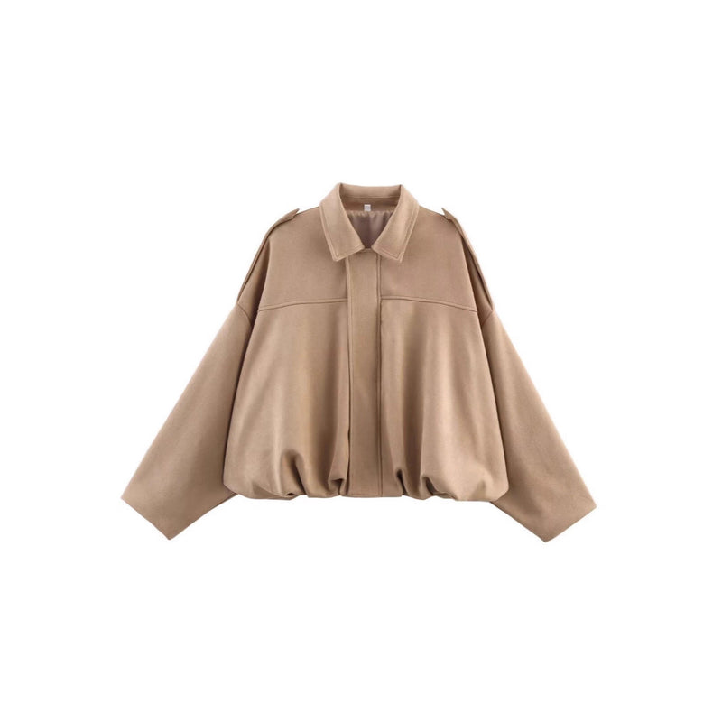 LORVENES suede-textured bomber jacket with lapel collar and zipper, suitable for women's spring and autumn fashion.