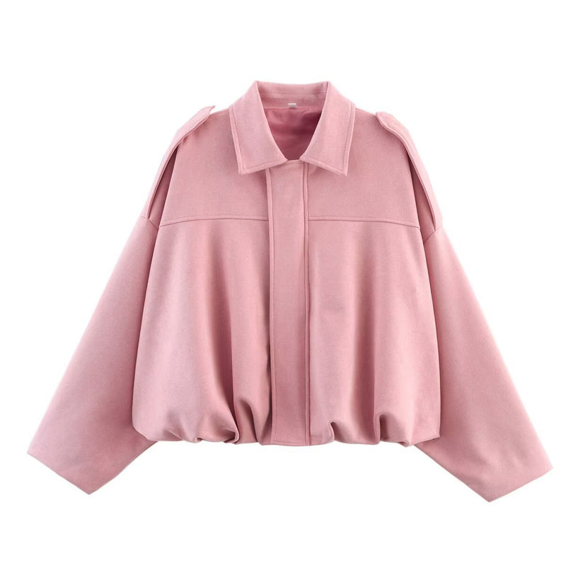 LORVENES women's suede textured bomber jacket with lapel, zipper, and button details, perfect for spring and autumn 2025.