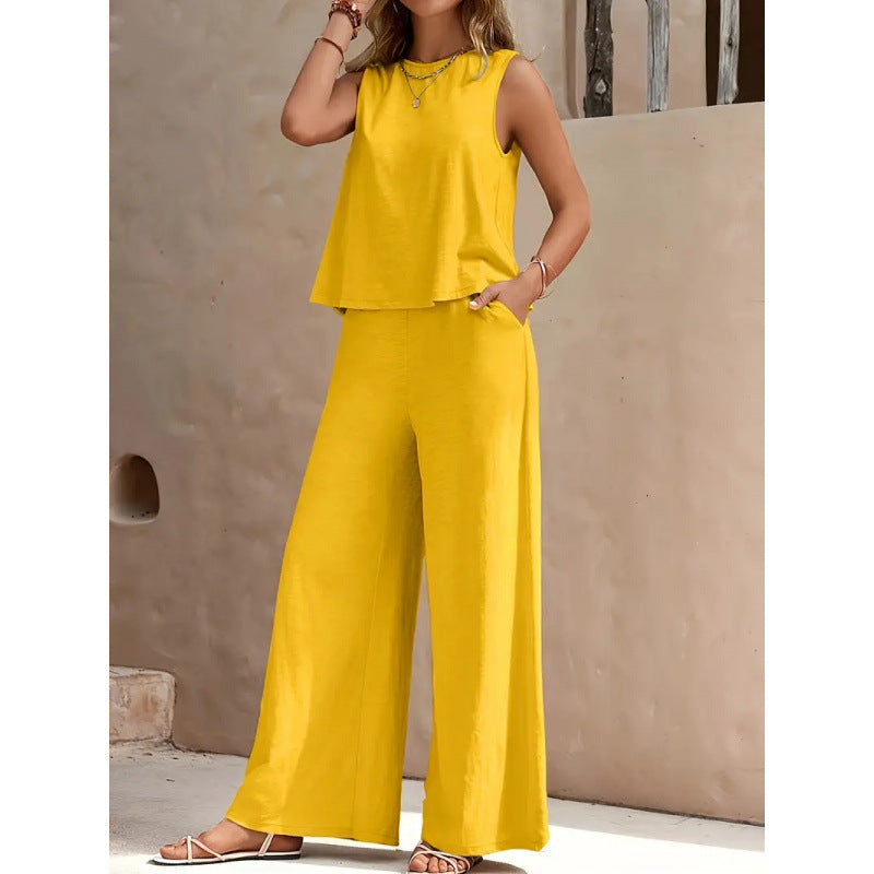 2025 Amazon Europe & America Cross-Border Bestseller Solid Color Elegant Two-Piece Set: Round Neck Vest and Wide-Leg Pants Women's Clothing