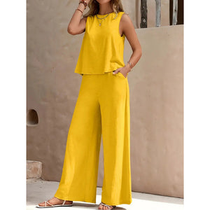 2025 Amazon Europe & America Cross-Border Bestseller Solid Color Elegant Two-Piece Set: Round Neck Vest and Wide-Leg Pants Women's Clothing