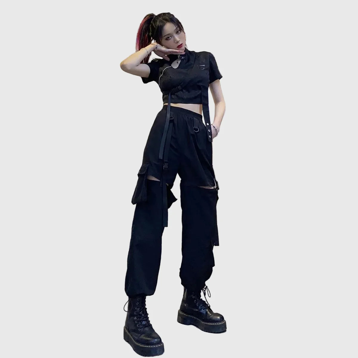 LORVENE Metro Luxe pants in black, featuring a slim fit design with belt loops and side pockets, suited for stylish casual wear.
