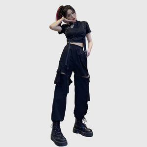 LORVENE Metro Luxe pants in black, featuring a slim fit design with belt loops and side pockets, suited for stylish casual wear.