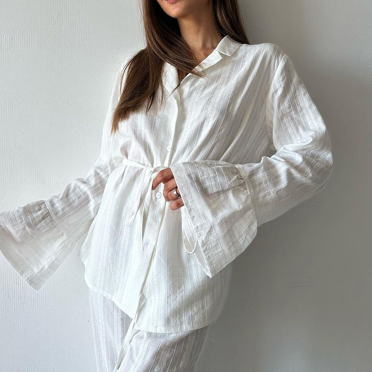 Russian New Style Ruffled Tie-Waist Two-Piece Set, Cotton Lapel Long-Sleeved Casual Lace Suit for Women