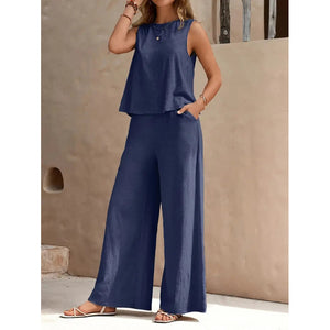 2025 Amazon Europe & America Cross-Border Bestseller Solid Color Elegant Two-Piece Set: Round Neck Vest and Wide-Leg Pants Women's Clothing
