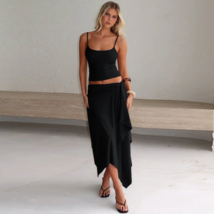 2025 Summer New Arrival Sexy Hot Girl Style Solid Color Camisole Tank Top and Ruffled Irregular Skirt Two-Piece Set