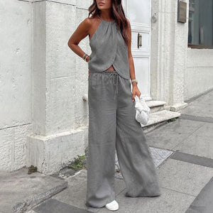 2026 European and American Summer New Sexy Two-Piece Set: Halter Neck Vest, Sleeveless Top, and Wide-Leg Pants Set
