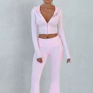 2025 Spring New European and American Cross-border Solid Color Slim Short Hooded Top Casual Pants Suit Two-piece Set Women