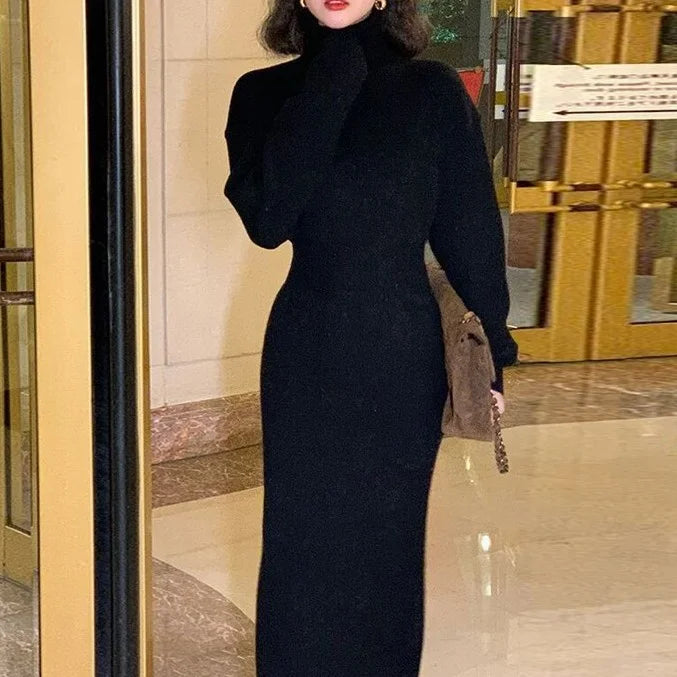 LORVENES knit sweater dress in cozy wool blend, featuring a high neckline and long sleeves, styled for casual wear.