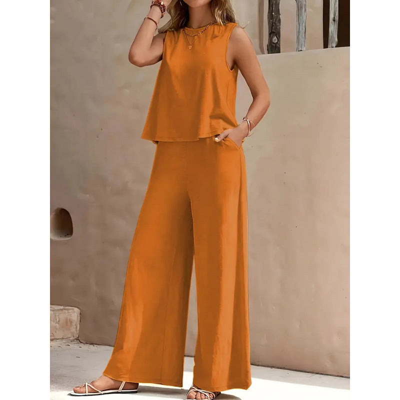 2025 Amazon Europe & America Cross-Border Bestseller Solid Color Elegant Two-Piece Set: Round Neck Vest and Wide-Leg Pants Women's Clothing