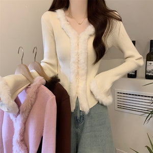 LORVENES women's winter knitted sweater with V-neck, trumpet sleeves, fur plush splicing, slim fit top for cold weather.