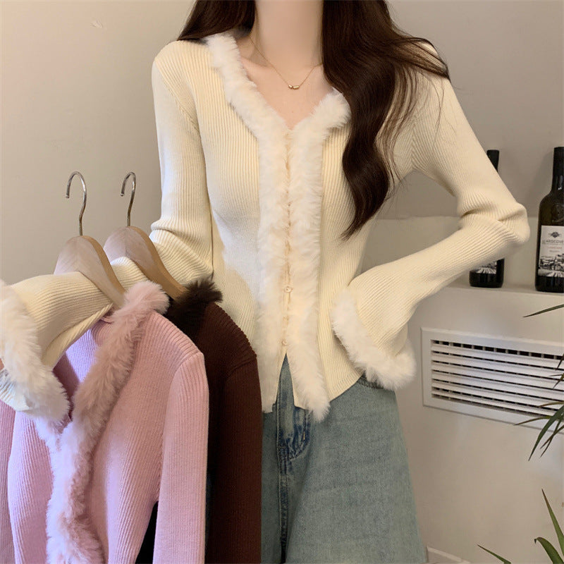 LORVENES women's winter knitted sweater with V-neck, trumpet sleeves, fur plush splicing, slim fit top for cold weather.
