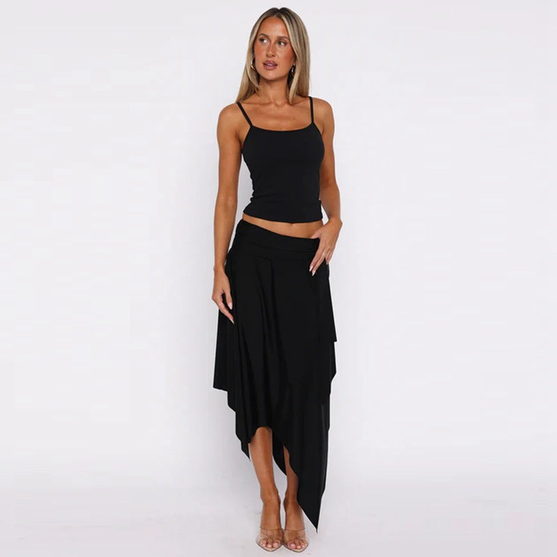 2025 Summer New Arrival Sexy Hot Girl Style Solid Color Camisole Tank Top and Ruffled Irregular Skirt Two-Piece Set