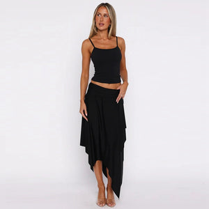 2025 Summer New Arrival Sexy Hot Girl Style Solid Color Camisole Tank Top and Ruffled Irregular Skirt Two-Piece Set
