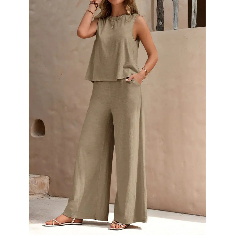 2025 Amazon Europe & America Cross-Border Bestseller Solid Color Elegant Two-Piece Set: Round Neck Vest and Wide-Leg Pants Women's Clothing