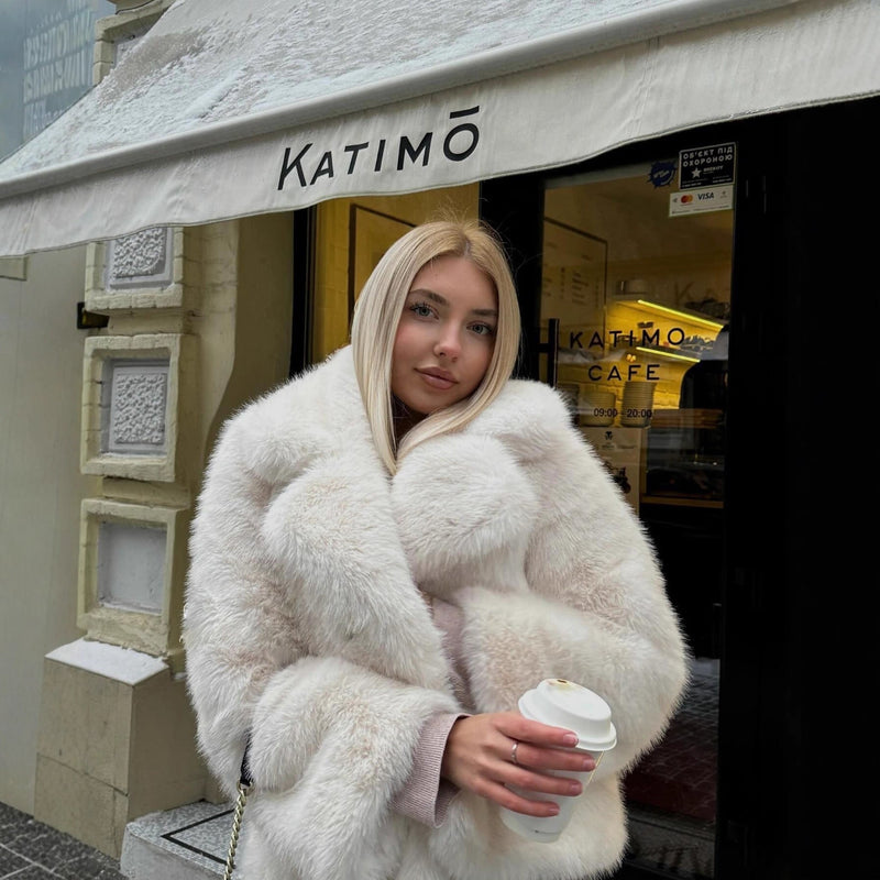 LORVENES women's thickened faux fox fur coat with suit collar, winter overcoat, plush and warm for cold weather.