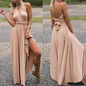 LORVENES halter backless maxi dress in flowing fabric, featuring a deep V neckline and open back design.