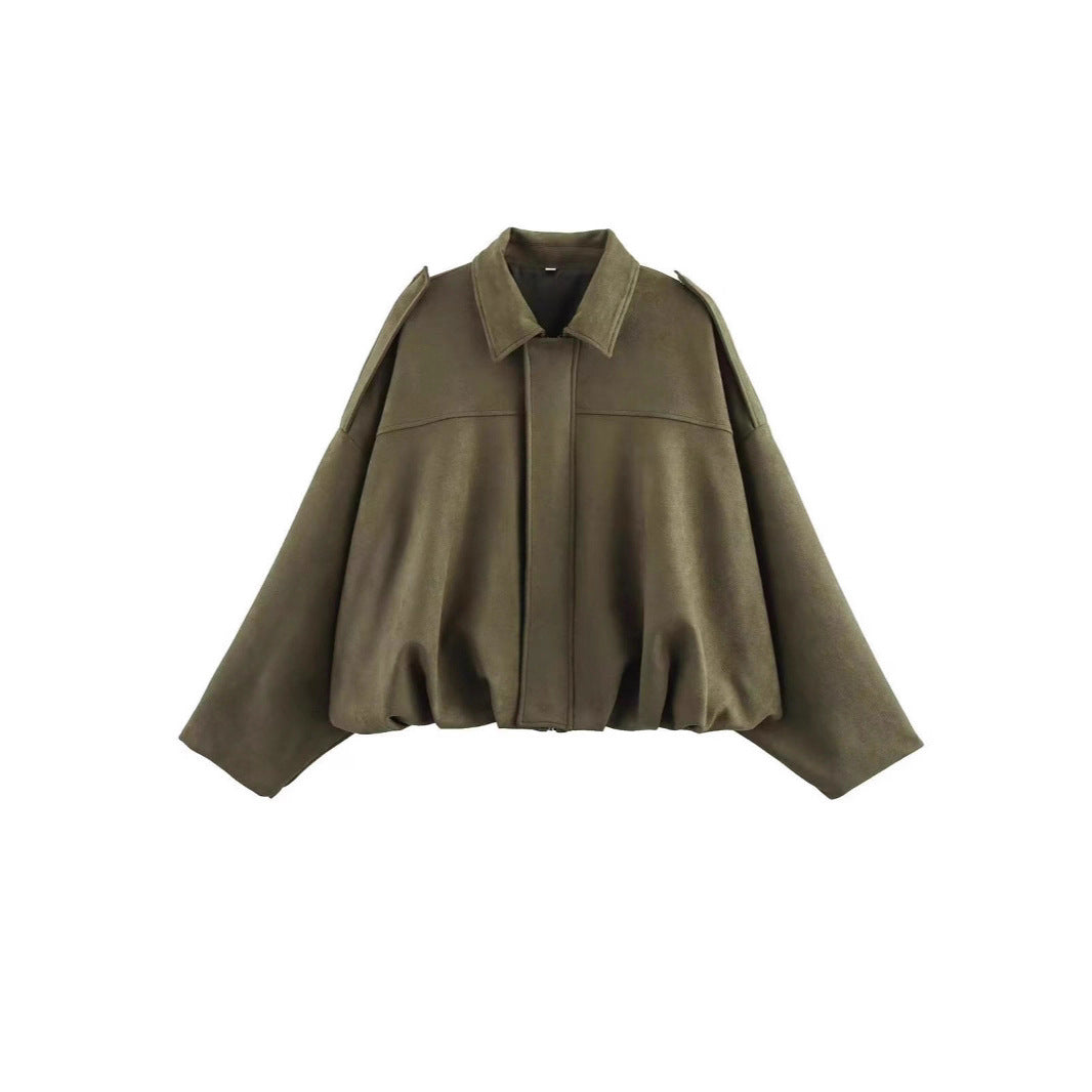 LORVENES suede-textured bomber jacket with lapel, zipper, and button details, perfect for spring and autumn women's fashion.