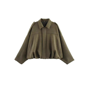 LORVENES suede-textured bomber jacket with lapel, zipper, and button details, perfect for spring and autumn women's fashion.