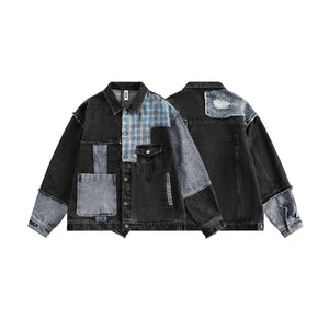 LORVENE varsity letter jacket with contrasting sleeves, wool body, and embroidered patch, displayed on a hanger.