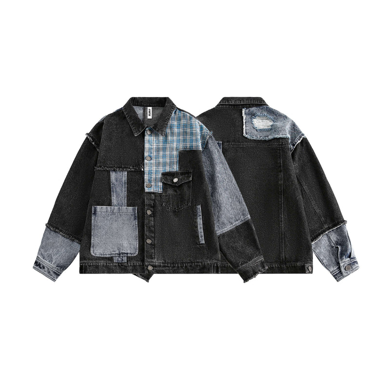 LORVENE varsity letter jacket with contrasting sleeves, wool body, and embroidered patch, displayed on a hanger.