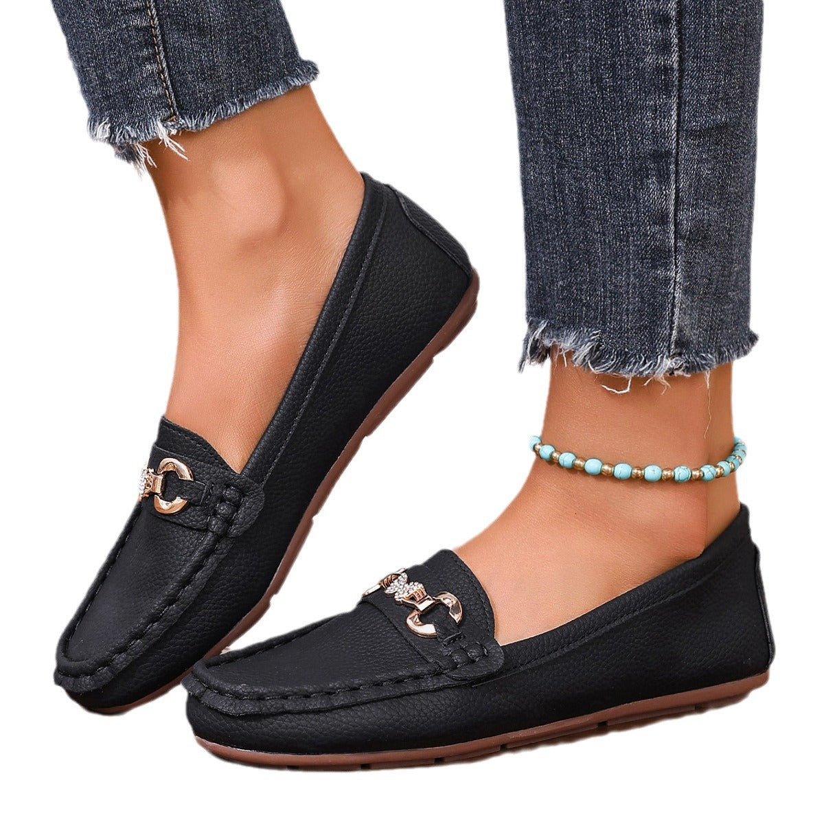 LORVENES Crystal Bit White Loafers