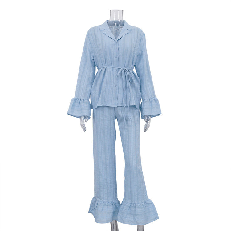 Russian New Style Ruffled Tie-Waist Two-Piece Set, Cotton Lapel Long-Sleeved Casual Lace Suit for Women