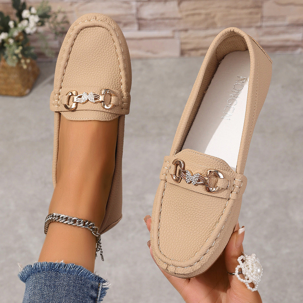LORVENES Crystal Bit White Loafers