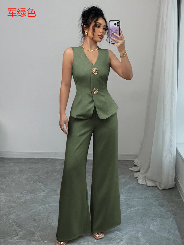 Cross-border European and American style elegant and simple vest straight leg trousers women's summer two-piece set women's clothing 2025 Amazon