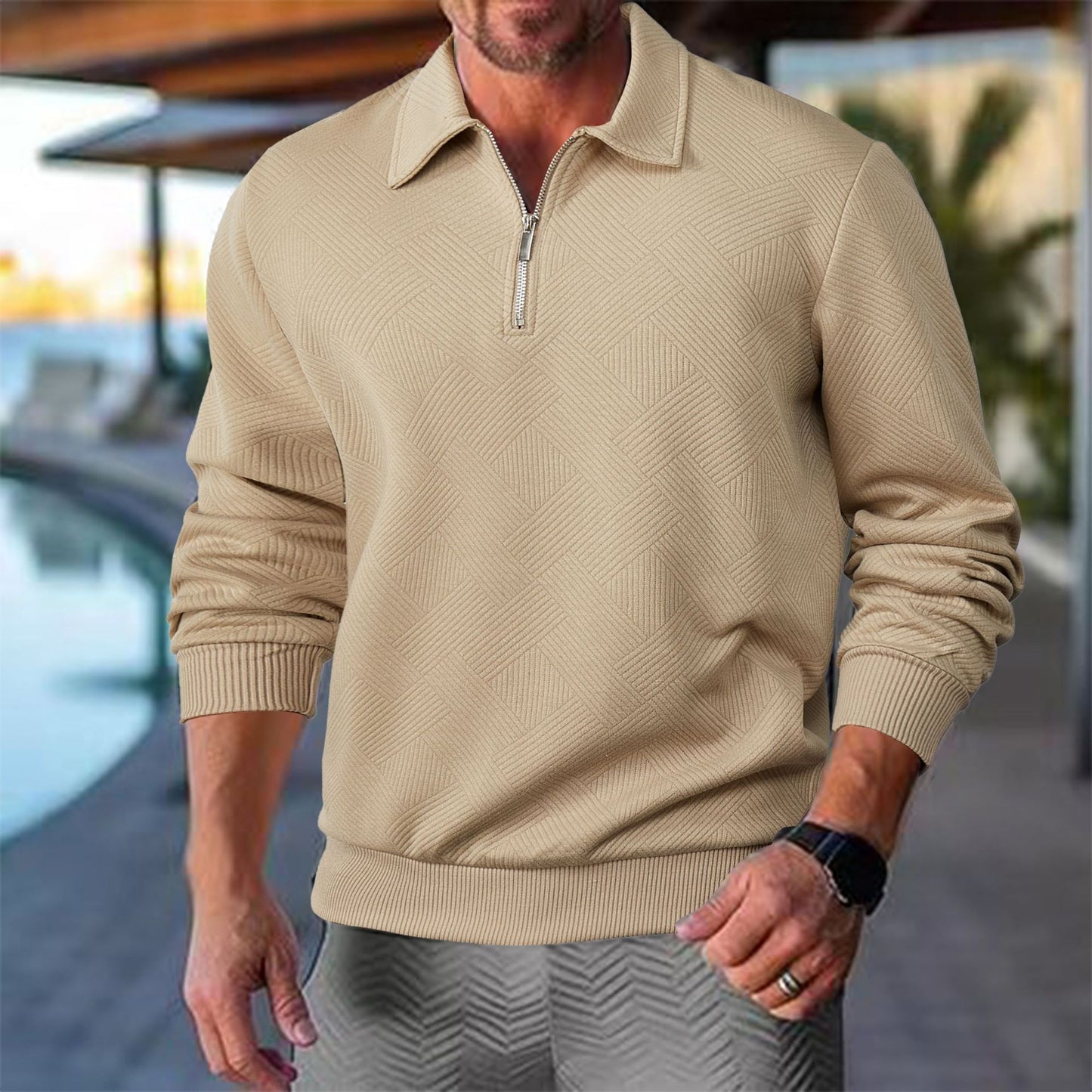 LORVENES Textured Half Zip Knit Polo