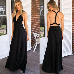 LORVENES backless halter maxi dress in flowing fabric, featuring a deep neckline and open back, perfect for elegant summer events.