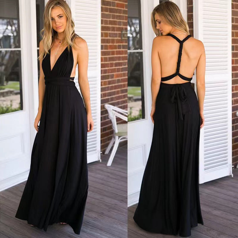 LORVENES backless halter maxi dress in flowing fabric, featuring a deep neckline and open back, perfect for elegant summer events.