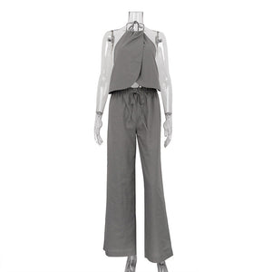 2026 European and American Summer New Sexy Two-Piece Set: Halter Neck Vest, Sleeveless Top, and Wide-Leg Pants Set